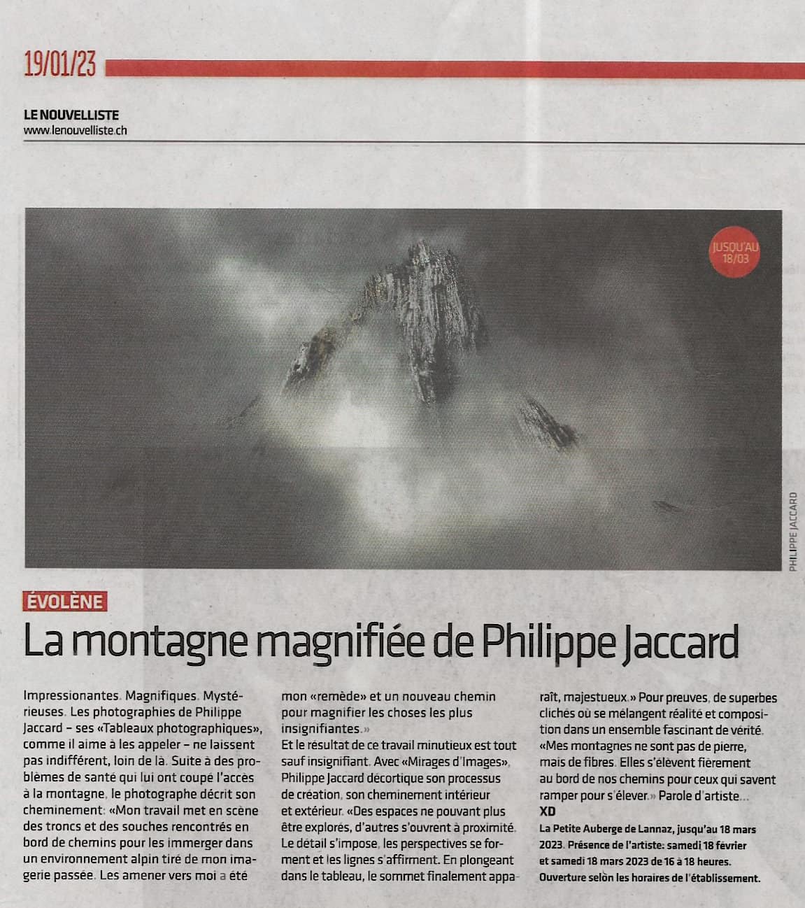Articles de presse - Près de chez moi -Le Nouvelliste 19.01.2023 exposition Lannaz Philippe Jaccard
